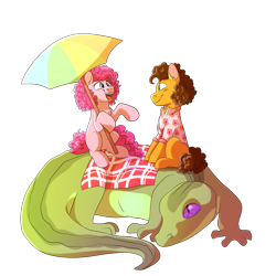 Size: 3000x3000 | Tagged: safe, artist:glitterstar2000, character:cheese sandwich, character:gummy, character:pinkie pie, species:earth pony, species:pony, ship:cheesepie, alligator, clothing, date, female, hoof hold, macro, male, missing cutie mark, older gummy, picnic blanket, ponies riding gators, riding, shipping, shirt, simple background, straight, transparent background, umbrella