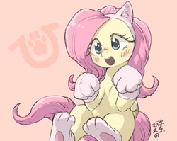Size: 1504x1200 | Tagged: safe, artist:yanamosuda, character:fluttershy, species:pony, animal costume, blushing, cat, cat ears, cat paws, clothing, costume, cute, ear fluff, female, fluttercat, mare, open mouth, paw gloves, paw socks, pink background, shyabetes, simple background, sitting, solo