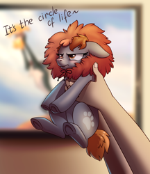Size: 1500x1734 | Tagged: safe, artist:28gooddays, oc, oc only, species:earth pony, species:human, species:pony, clothing, commission, cosplay, costume, disney, floppy ears, holding a pony, offscreen character, simba, solo focus, the lion king, unamused, ych result