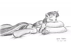 Size: 1800x1100 | Tagged: safe, artist:rockhoppr3, character:twilight sparkle, character:twilight sparkle (alicorn), species:alicorn, species:pony, anatomically incorrect, bed, eyes closed, female, hug, incorrect leg anatomy, lying down, lying on bed, monochrome, pillow, pillow hug, semi-anthro, sleeping, solo
