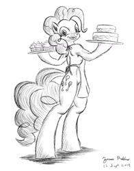 Size: 1024x1304 | Tagged: safe, artist:rockhoppr3, character:pinkie pie, species:earth pony, species:pony, apron, barbie doll anatomy, cake, clothing, cupcake, featureless crotch, female, food, monochrome, naked apron, plate, semi-anthro, solo