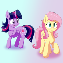 Size: 3300x3300 | Tagged: safe, artist:yinglongfujun, character:fluttershy, character:twilight sparkle, character:twilight sparkle (alicorn), species:alicorn, species:pegasus, species:pony, blushing, chest fluff, duo, eyes on the prize, female, mare