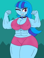 Size: 1932x2576 | Tagged: safe, artist:c_w, character:sonata dusk, my little pony:equestria girls, abs, biceps, breasts, buff, busty sonata dusk, cleavage, clothing, erect nipples, eyeshadow, jewelry, makeup, muscles, muscular female, nipple outline, pendant, shorts, smiling, swolenata dusk, wide hips, winking at you