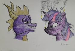 Size: 2978x2014 | Tagged: safe, artist:rockhoppr3, character:twilight sparkle, species:dragon, species:pony, angry, burned, crossover, messy mane, smoke, smug, spyro the dragon, traditional art
