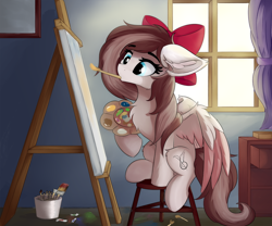 Size: 1440x1200 | Tagged: safe, artist:lunar froxy, oc, oc only, oc:aurelia freefeather, species:pegasus, species:pony, g4, big ears, bow, bucket, canvas, cheek fluff, chest fluff, clothing, colored wings, colored wingtips, curtain, cute, ear fluff, easel, eyebrows, eyebrows visible through hair, female, floppy ears, fluffy, hair bow, hoof hold, leg fluff, lunar froxy is trying to murder us, mare, mouth hold, ocbetes, paintbrush, painting, palette, pegasus oc, sitting, stool, table, three quarter view, wing fluff, wings