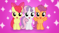 Size: 1920x1080 | Tagged: safe, artist:thatguy1945, character:apple bloom, character:scootaloo, character:sweetie belle, species:earth pony, species:pegasus, species:pony, species:unicorn, adorabloom, cute, cutealoo, cutie mark crusaders, diasweetes, female, filly, looking at you, wallpaper, weapons-grade cute