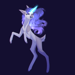 Size: 2800x2800 | Tagged: safe, artist:hyshyy, oc, oc:nightfall, species:pony, species:unicorn, blue background, deer tail, female, magic, mare, rearing, simple background, solo