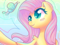 Size: 1280x953 | Tagged: safe, artist:wavecipher, character:fluttershy, species:pegasus, species:pony, blushing, bust, butterfly, cute, female, looking at something, mare, shyabetes, solo, spread wings, three quarter view, wings