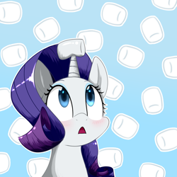 Size: 3800x3800 | Tagged: safe, artist:yinglongfujun, character:rarity, species:pony, species:unicorn, blushing, bust, cute, female, food, high res, horn, horn impalement, marshmallow, portrait, raribetes, rarity is a marshmallow, solo