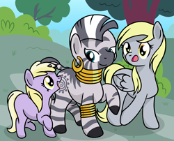 Size: 1944x1569 | Tagged: safe, artist:dinkyuniverse, character:derpy hooves, character:dinky hooves, character:zecora, species:pegasus, species:pony, species:unicorn, species:zebra, cute, daughter, day, ear piercing, earring, equestria's best daughter, equestria's best family, equestria's best mother, excited, family, female, filly, foal, jewelry, mare, mother, mother and child, mother and daughter, piercing, sweet dreams fuel, talking, tree, trotting, walking, wholesome, zecora appreciation week