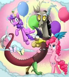 Size: 1437x1600 | Tagged: safe, artist:ketereissm, artist:yinglongfujun, character:discord, character:pinkie pie, character:screwball, species:draconequus, species:earth pony, species:pony, balloon, butterfly, cloud, collaboration, topsy turvy