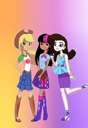 Size: 400x584 | Tagged: safe, artist:andromedasparkz, character:applejack, character:rarity, character:twilight sparkle, g4, my little pony: equestria girls, my little pony:equestria girls, book, female, freckles, human coloration, looking at you, natural eye color, natural hair color, pointing, raised leg, smiling