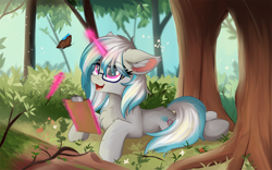 Size: 1920x1200 | Tagged: safe, artist:lunar froxy, oc, oc only, oc:windshear, species:pony, species:unicorn, butterfly, chest fluff, clipboard, commission, ear fluff, eye clipping through hair, female, floppy ears, fluffy, forest, glasses, looking at something, lying down, magic, mare, notepad, open mouth, pencil, prone, scenery, smiling, solo, telekinesis, tree