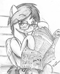Size: 753x930 | Tagged: safe, artist:buckweiser, oc, oc:delta vee, species:pegasus, species:pony, black and white, crossword puzzle, glasses, grayscale, hooves, loss (meme), monochrome, newspaper, nostrils, park bench, simple background, sketch