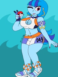 Size: 1932x2576 | Tagged: safe, artist:c_w, character:sonata dusk, my little pony:equestria girls, belly button, big breasts, breasts, busty sonata dusk, clothing, cosplay, costume, crossover, ear piercing, earring, eyeshadow, feet, jewelry, makeup, nail polish, nails, nessa, pendant, piercing, plump, pokemon sword and shield, pokémon, smiling at you, thighs, tongue out, winking at you