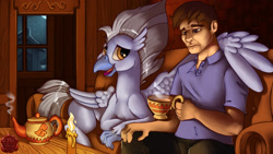 Size: 1920x1080 | Tagged: safe, artist:eztp, character:sky beak, oc, species:classical hippogriff, species:hippogriff, species:human, fanfic:the lost element, bonding time, candle, fanfic art, food, hug, indoors, male, missing accessory, moonlight, night, sad, tea, teapot