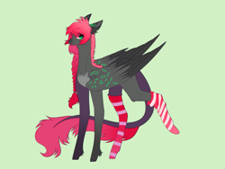 Size: 2528x1896 | Tagged: safe, artist:hyshyy, oc, species:pegasus, species:pony, braid, clothing, female, green background, mare, simple background, socks, solo, striped socks, two toned wings, wings