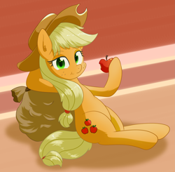 Size: 2819x2758 | Tagged: safe, artist:yinglongfujun, character:applejack, species:earth pony, species:pony, apple, eating, female, food, herbivore, leaning back, looking at you, mare, sack, sitting, solo
