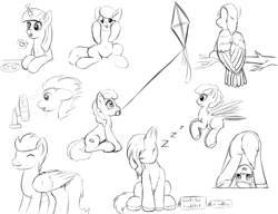 Size: 1300x1000 | Tagged: safe, artist:redquoz, oc, species:bird, species:pegasus, species:pony, species:unicorn, bending, bird pone, black and white, cheek squish, derp, drawpile, eyes closed, fan, female, flying, food, gooey, grayscale, horn, kite, looking at you, male, mare, marshmallow, monochrome, silly, silly pony, sitting, sitting in a tree, sleeping, squishy cheeks, stallion, tail feathers, unicorn oc