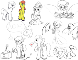 Size: 1300x1000 | Tagged: safe, artist:redquoz, character:big mcintosh, character:derpy hooves, oc, species:earth pony, species:pony, species:unicorn, backpack, belly, blank flank, cheek squish, clothing, crossover, ear fluff, earth pony oc, female, food, gardevoir, hat, horn, male, mare, muffin, nope, pigtails, pokémon, ponytail, reading, sketch, sketch dump, squishy cheeks, stallion, tangled up, totodile, underp, unicorn oc, vr goggles, wizard, wizard hat, wizard robe