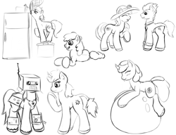 Size: 1300x1000 | Tagged: safe, artist:redquoz, oc, oc:red bark, ponysona, species:bird, species:earth pony, species:pony, species:unicorn, balancing, ball, balloon, black and white, blushing, cardboard, clothing, confusion, earth pony oc, fancy, grayscale, happy, hat, hooves, horn, leonine tail, male, monochrome, on side, playing, refrigerator, robot, sketch, sketch dump, smiling, squishy, stallion, stretching, suit, unicorn oc