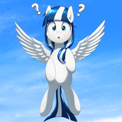 Size: 2958x2958 | Tagged: safe, artist:yinglongfujun, oc, oc only, oc:flowing chalice, species:pegasus, species:pony, confused, flying, looking at you, question mark, solo