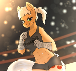 Size: 1158x1080 | Tagged: safe, artist:almond evergrow, character:applejack, species:anthro, species:earth pony, species:pony, abs, bandage, breasts, busty applejack, clothing, confident, fight, fighter, gym shorts, lights, offscreen character, pov, sexy, smiling, smiling at you, sweat, tank top, taped fists, thighs, thrasher, wrestling ring, wristband