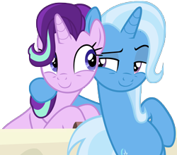 Size: 6807x6000 | Tagged: safe, artist:famousmari5, character:starlight glimmer, character:trixie, species:pony, species:unicorn, episode:on the road to friendship, belly, looking at each other, simple background, smiling, smirk, smug, transparent background, vector
