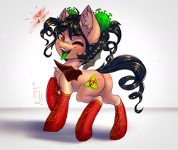 Size: 1900x1600 | Tagged: safe, artist:falafeljake, oc, oc only, oc:corona chan, species:bat pony, species:pony, bat pony oc, bat wings, blushing, butt, butt blush, chest fluff, clothing, coronavirus, covid-19, ear fluff, heart, looking at you, one eye closed, open mouth, plot, ponified, socks, solo, tongue out, wings, wink