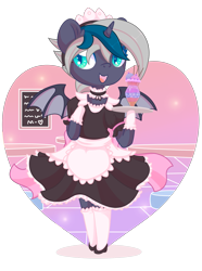 Size: 1369x1839 | Tagged: safe, artist:wavecipher, oc, oc only, oc:elizabat stormfeather, species:alicorn, species:bat pony, species:pony, alicorn oc, bat pony alicorn, bat pony oc, bat wings, choker, clothing, cute, dress, female, flats, food, glass, gloves, heart, horn, ice cream, maid, maid headdress, mare, ocbetes, open mouth, shoes, simple background, skirt, socks, solo, stockings, thigh highs, transparent background, tray, wings, ych result