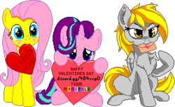 Size: 1116x684 | Tagged: safe, artist:anti1mozg, artist:comfydove, editor:cocoa bittersweet, character:derpy hooves, character:fluttershy, character:starlight glimmer, species:pegasus, species:pony, species:unicorn, episode:hearts and hooves day, g4, my little pony: friendship is magic, blushing, cheek fluff, chest fluff, cute, ear fluff, envelope, female, heart, holding, holiday, leg fluff, letter, looking at you, love letter, manepxls, mare, mouth hold, pixel art, pxls.space, shyabetes, simple background, sitting, smiling, text, transparent background, valentine's day