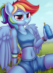 Size: 1660x2290 | Tagged: safe, artist:anti1mozg, character:rainbow dash, species:anthro, species:pegasus, g4, belly button, clothing, ear fluff, female, looking at you, mare, midriff, nos energy drink, shoulder fluff, sitting, smiling, solo, sports bra, wings