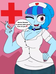 Size: 1932x2576 | Tagged: safe, artist:c_w, character:sonata dusk, my little pony:equestria girls, big breasts, breasts, busty sonata dusk, cleavage, eyelashes, eyeshadow, hair bun, hand on hip, jewelry, looking at you, makeup, nail polish, nails, nurse, one eye closed, pendant, plump, smiling, syringe, thighs, wink, winking at you
