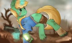 Size: 1200x720 | Tagged: safe, artist:almond evergrow, oc, oc only, species:pony, species:unicorn, fallout equestria, bandage, clothing, fallout, galloping, magic, male, pipbuck, random character, stallion, telekinesis, vault suit, wasteland