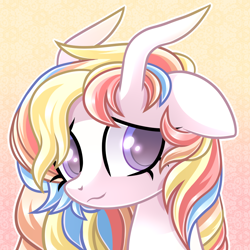 Size: 1000x1000 | Tagged: safe, artist:iheartjapan789, oc, oc:rainbow dreams, species:pegasus, species:pony, bust, female, hair over one eye, horn, simple background, yellow background