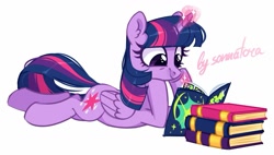 Size: 1185x671 | Tagged: safe, artist:sonnatora, character:twilight sparkle, character:twilight sparkle (alicorn), species:alicorn, species:pony, book, bookhorse, cute, ear fluff, female, magic, mare, prone, reading, simple background, solo, telekinesis, twiabetes, white background