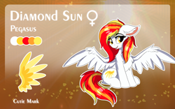 Size: 1920x1200 | Tagged: safe, artist:lunar froxy, oc, oc only, oc:diamond sun, species:pegasus, species:pony, abstract background, butt fluff, cheek fluff, chest fluff, commission, ear fluff, female, floppy ears, fluffy, mare, reference sheet, sitting, smiling, solo, spread wings, wings