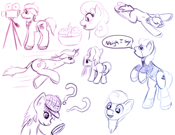 Size: 1300x1000 | Tagged: safe, artist:redquoz, oc, species:earth pony, species:pony, species:unicorn, beret, clothing, colt, confused, deerstalker, detective, drawpile, earth pony oc, easel, extreme perspective, film camera, flop, food, galloping, happy, hat, hooves, horn, ice cream, magnifying glass, male, monocle, posh, sketch, sketch dump, spats, stallion, suit, unicorn oc