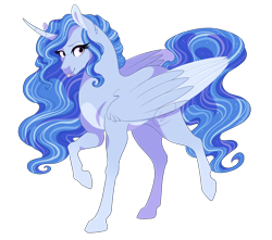 Size: 2340x2068 | Tagged: safe, artist:gigason, oc, oc only, parent:princess luna, parent:trixie, parents:luxie, species:alicorn, species:pony, alicorn oc, curved horn, female, high res, horn, magical lesbian spawn, mare, offspring, simple background, solo, tongue out, transparent background, two toned wings, wings