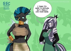 Size: 2460x1784 | Tagged: safe, artist:traupa, character:queen chrysalis, character:zecora, species:anthro, species:changeling, species:zebra, alternate hairstyle, backless, big breasts, breasts, busty queen chrysalis, busty zecora, changeling queen, clothes swap, clothing, ear piercing, evening, evening gloves, female, fingerless elbow gloves, fingerless gloves, gloves, hair over one eye, huge breasts, long gloves, mane swap, midriff, neck rings, piercing, roleplaying, sexy, side slit, sideboob, sudden style change, total sideslit, wide hips