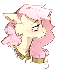 Size: 1280x1576 | Tagged: safe, artist:suplolnope, character:fluttershy, species:pegasus, species:pony, blue background, bust, eyes half closed, female, ponytail, shirt collar, side view, signature, simple background, smiling, solo, white background