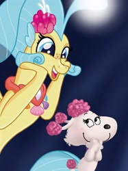 Size: 2048x2732 | Tagged: safe, artist:justsomepainter11, character:princess skystar, species:dog, species:seapony (g4), my little pony: the movie (2017), cute, fifi (peanuts), kristin chenoweth, looking at each other, peanuts, poodle, skyabetes, smiling, the peanuts movie, voice actor joke