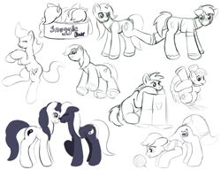 Size: 1300x1000 | Tagged: safe, artist:redquoz, character:blossomforth, oc, species:bird, species:earth pony, species:pegasus, species:pony, species:unicorn, apron, bird pone, bird tail, black and white, clothing, contortionist, crouching, dancing, doctor, drawpile, earth pony oc, female, flexible, from below, grayscale, hoofbump, hooves, horn, male, mare, medical pony, monochrome, nuzzles, party popper, peeking, simple background, sketch, sketch dump, sleeping, snuggles?, stallion, unicorn oc, white background, yarn, yarn ball, yin yang