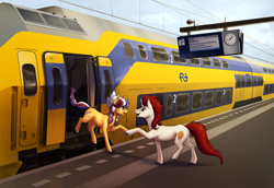 Size: 2745x1890 | Tagged: safe, artist:28gooddays, oc, oc only, oc:ember, oc:stroop, oc:stroopwafeltje, oc:waffles, species:earth pony, species:pony, species:unicorn, dutch, netherlands, platform, train
