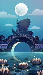 Size: 1200x2100 | Tagged: safe, artist:28gooddays, character:princess luna, species:alicorn, species:pony, bridge, cloud, crescent moon, female, floppy ears, full moon, lily pad, mare, moon, night, profile, reflection, sky, solo