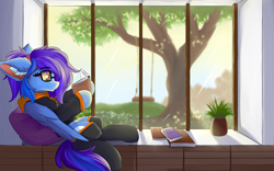 Size: 1920x1200 | Tagged: safe, artist:lunar froxy, oc, oc:angley, species:pegasus, species:pony, book, clothing, cozy, cutie mark, ear fluff, glasses, hoodie, lying down, on back, pillow, plant, ponytail, reading, socks, solo, swing, tree, window, wings