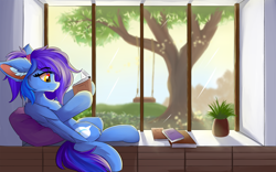 Size: 1920x1200 | Tagged: safe, alternate version, artist:lunar froxy, oc, oc only, oc:angley, species:pegasus, species:pony, book, cozy, cutie mark, ear fluff, lying down, on back, pillow, plant, ponytail, reading, solo, swing, tree, window, wings