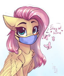 Size: 1600x1900 | Tagged: safe, artist:falafeljake, character:fluttershy, species:pegasus, species:pony, g4, blushing, chest fluff, coronavirus, covid-19, cute, dialogue, face mask, female, looking at you, mare, pandemic, ppe, shyabetes, simple background, solo, stay at home, surgical mask, text, three quarter view, white background