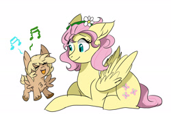 Size: 3000x2000 | Tagged: safe, artist:scarletskitty12, character:fluttershy, oc, oc:wren, parent:bulk biceps, parent:fluttershy, parents:flutterbulk, species:pegasus, species:pony, chest fluff, duo, female, filly, floppy ears, flower, flower in hair, fluffy, fluttermom, mare, mother and child, mother and daughter, music notes, offspring, prone, simple background, singing, white background