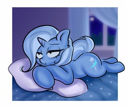 Size: 1024x878 | Tagged: safe, artist:yutakira92, character:trixie, species:pony, species:unicorn, :t, bed, bored, curtain, female, mare, on bed, pillow, prone, solo, window